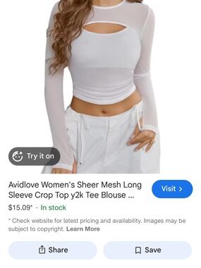 Avidlove White Sheer Mesh Long Sleeve Crop Top with Front Cutout